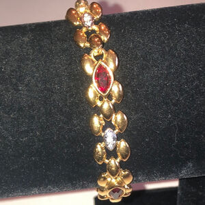 Crystaline Gold Tone Red CZ Rhinestone Chunky Retro Bracelet